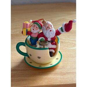 Vintage 1994 High Progress Christmas Ornament Santa and Elf in Teacup Ride
